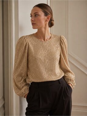 Dorothee Schumacher Champagne Gold Sequin Puff Sleeve Blouse Top Metallic Glam